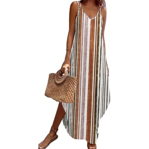 Zeagoo Women’s Casual Sundress Summer Maxi Sleeveless V Neck Split Boho Beach Dress Travel Vacation Dress with Pockets(A04-stripes)