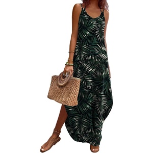 Zeagoo Women’s Casual Sundress Summer Maxi Sleeveless V Neck Split Boho Beach Dress Travel Vacation Dress with Pockets(A07-leaf3)