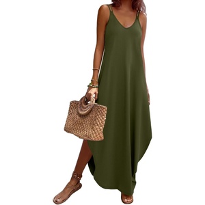 Zeagoo Women’s Casual Sundress Summer Maxi Sleeveless V Neck Split Boho Beach Dress Travel Vacation Dress with Pockets(Arg)