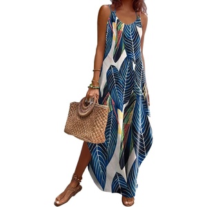 Zeagoo Women’s Casual Sundress Summer Maxi Sleeveless V Neck Split Boho Beach Dress Travel Vacation Dress with Pockets(B01-leaf4)