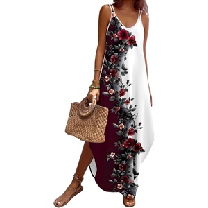 Zeagoo Women’s Casual Sundress Summer Maxi Sleeveless V Neck Split Boho Beach Dress Travel Vacation Dress with Pockets(Bf183)