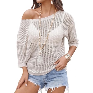 Zeagoo Womens Crochet Tops 3/4 Sleeve Summer Sweaters Hollow Out Knit Tops(Beige)