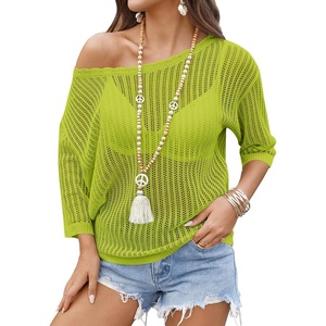 Zeagoo Womens Crochet Tops 3/4 Sleeve Summer Sweaters Hollow Out Knit Tops(Lemon)