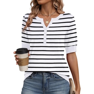 Zeagoo Women’s Short Sleeve Sweater 2026 Spring Summer Tops Clothes(A- Black&white Stripe)