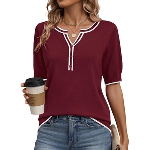 Zeagoo Women’s Short Sleeve Sweater 2026 Spring Summer Tops Clothes(A- Red-white)