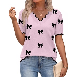 Zeagoo Women’s Short Sleeve Sweater 2026 Summer V Neck Tops Dressy Blouses(A-pink Bow)