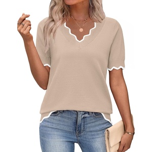 Zeagoo Women’s Short Sleeve Sweater 2026 Summer V Neck Tops Dressy Blouses(Apricot)