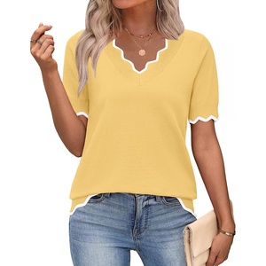Zeagoo Women’s Short Sleeve Sweater 2026 Summer V Neck Tops Dressy Blouses(Light Yellow)