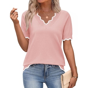 Zeagoo Women’s Short Sleeve Sweater 2026 Summer V Neck Tops Dressy Blouses(Pink)
