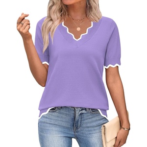 Zeagoo Women’s Short Sleeve Sweater 2026 Summer V Neck Tops Dressy Blouses(Purple)