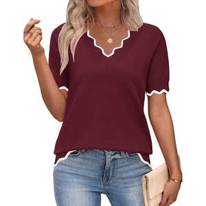 Zeagoo Women’s Short Sleeve Sweater 2026 Summer V Neck Tops Dressy Blouses(Wine Red)