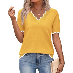 Zeagoo Women’s Short Sleeve Sweater 2026 Summer V Neck Tops Dressy Blouses(Yellow)