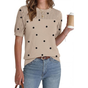 Zeagoo Women’s Short Sleeve Sweater Tops 2026 Spring Summer Crew Neck Hollow Out Blouses Dressy Business Casual Outfits(Black Polka Dots)