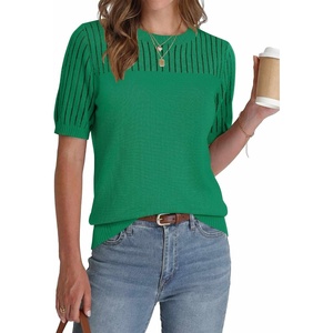 Zeagoo Women’s Short Sleeve Sweater Tops 2026 Spring Summer Crew Neck Hollow Out Blouses Dressy Business Casual Outfits(Green)