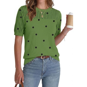 Zeagoo Women’s Short Sleeve Sweater Tops 2026 Spring Summer Crew Neck Hollow Out Blouses Dressy Business Casual Outfits(Green Polka Dots)