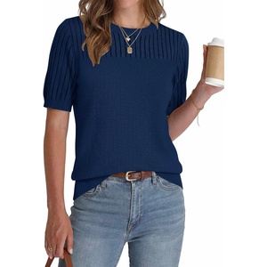 Zeagoo Women’s Short Sleeve Sweater Tops 2026 Spring Summer Crew Neck Hollow Out Blouses Dressy Business Casual Outfits(Navy)
