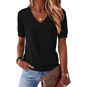 Zeagoo Womens Short Sleeve Sweaters Summer V Neck Business Casual Knit Tops(Black)
