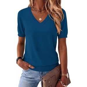 Zeagoo Womens Short Sleeve Sweaters Summer V Neck Business Casual Knit Tops(Blue)