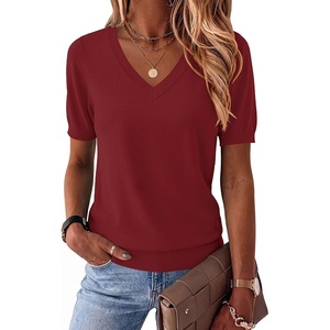 Zeagoo Womens Short Sleeve Sweaters Summer V Neck Business Casual Knit Tops(Wine Red)