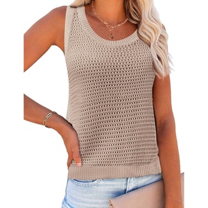 Zeagoo Womens Summer Crochet Sweater Tank Tops Hollow Sleeveless Tops(Khaki)