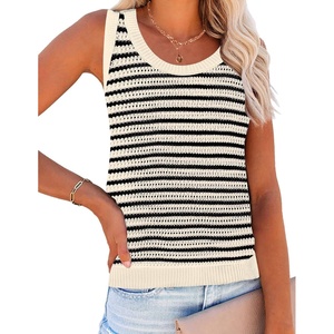 Zeagoo Womens Summer Crochet Sweater Tank Tops Hollow Sleeveless Tops(Tw467- Stripe Beige)