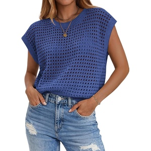 Zeagoo Womens Summer Crochet Tops Cap Sleeve Hollow Pullover Sweater Vest(Blue)