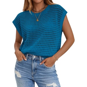 Zeagoo Womens Summer Crochet Tops Cap Sleeve Hollow Pullover Sweater Vest(Lake Blue)