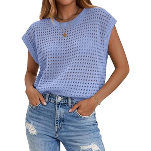 Zeagoo Womens Summer Crochet Tops Cap Sleeve Hollow Pullover Sweater Vest(Light Blue)