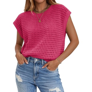 Zeagoo Womens Summer Crochet Tops Cap Sleeve Hollow Pullover Sweater Vest(Rose Red)
