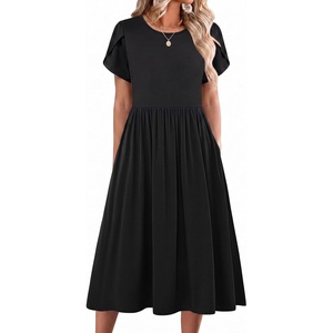 Zeagoo Womens Summer Dresses Casual Aline Midi Dress Short Sleeve Floral Tshirt Dress Flowy Beach Sundresses with Pockets(Black)