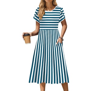 Zeagoo Womens Summer Dresses Casual Aline Midi Dress Short Sleeve Floral Tshirt Dress Flowy Beach Sundresses with Pockets(Blue White Stripe)