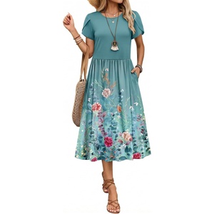Zeagoo Womens Summer Dresses Casual Aline Midi Dress Short Sleeve Floral Tshirt Dress Flowy Beach Sundresses with Pockets(Green Print)