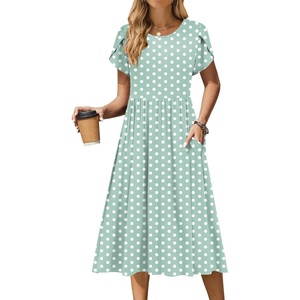 Zeagoo Womens Summer Dresses Casual Aline Midi Dress Short Sleeve Floral Tshirt Dress Flowy Beach Sundresses with Pockets(Green Round Dot)
