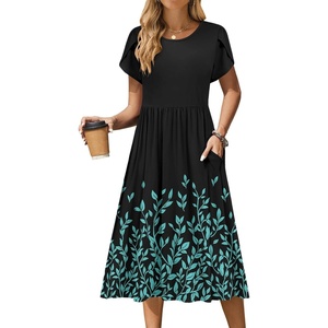 Zeagoo Womens Summer Dresses Casual Aline Midi Dress Short Sleeve Floral Tshirt Dress Flowy Beach Sundresses with Pockets(Pa355)