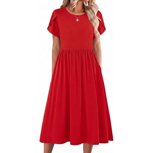 Zeagoo Womens Summer Dresses Casual Aline Midi Dress Short Sleeve Floral Tshirt Dress Flowy Beach Sundresses with Pockets(Red)