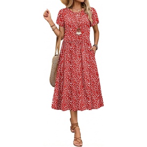 Zeagoo Womens Summer Dresses Casual Aline Midi Dress Short Sleeve Floral Tshirt Dress Flowy Beach Sundresses with Pockets(Red Round Dot)