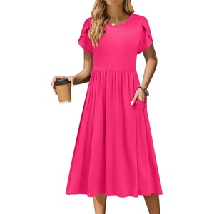 Zeagoo Womens Summer Dresses Casual Aline Midi Dress Short Sleeve Floral Tshirt Dress Flowy Beach Sundresses with Pockets(Rose Red)