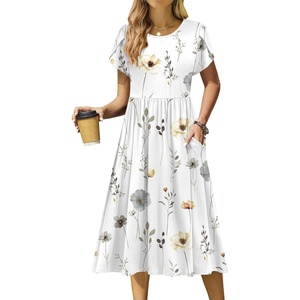 Zeagoo Womens Summer Dresses Casual Aline Midi Dress Short Sleeve Floral Tshirt Dress Flowy Beach Sundresses with Pockets(White Floral)