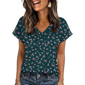 Zeagoo Womens Summer Tops Rolled Short Sleeve Shirts Dressy Casual Blouses(Green Flowers-xh522)