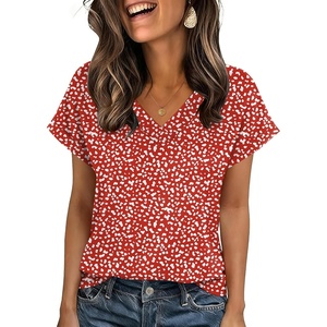 Zeagoo Womens Summer Tops Rolled Short Sleeve Shirts Dressy Casual Blouses(Red-jh590)