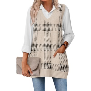 Zeagoo Women’s Sweater Vest 2026 Oversized Sleeveless V Neck Pullovers with Pocket Knitted Fall Outfits(Khaki Plaid)