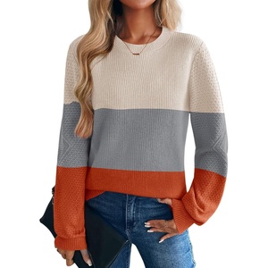 Zeagoo Womens Sweaters 2026 Fashion Fall Tops Crew Neck Long Sleeve Knit Pullover Sweater S-XXL(White Gray Orange)