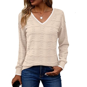 Zeagoo Womens Sweaters Fall Casual Long Sleeve V Neck Shirts Lightweight Crochet Ribbed Knit Pullover Tops Outfits(Apricot)