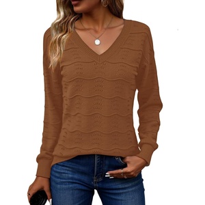 Zeagoo Womens Sweaters Fall Casual Long Sleeve V Neck Shirts Lightweight Crochet Ribbed Knit Pullover Tops Outfits(Caramel)