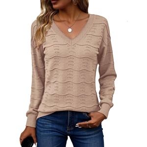 Zeagoo Womens Sweaters Fall Casual Long Sleeve V Neck Shirts Lightweight Crochet Ribbed Knit Pullover Tops Outfits(Khaki)