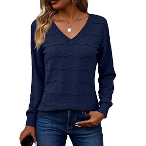 Zeagoo Womens Sweaters Fall Casual Long Sleeve V Neck Shirts Lightweight Crochet Ribbed Knit Pullover Tops Outfits(Navy Blue)