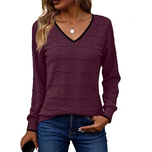 Zeagoo Womens Sweaters Fall Casual Long Sleeve V Neck Shirts Lightweight Crochet Ribbed Knit Pullover Tops Outfits(Purple)