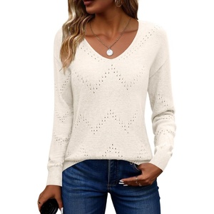 Zeagoo Womens Sweaters Fall Trendy Casual Long Sleeve Shirt Lightweight V Neck Off Shoulder Crochet Pullover Top Outfit(B-beige)