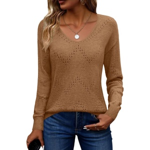 Zeagoo Womens Sweaters Fall Trendy Casual Long Sleeve Shirt Lightweight V Neck Off Shoulder Crochet Pullover Top Outfit(B-brown)