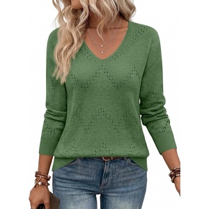 Zeagoo Womens Sweaters Fall Trendy Casual Long Sleeve Shirt Lightweight V Neck Off Shoulder Crochet Pullover Top Outfit(B-gray Green)